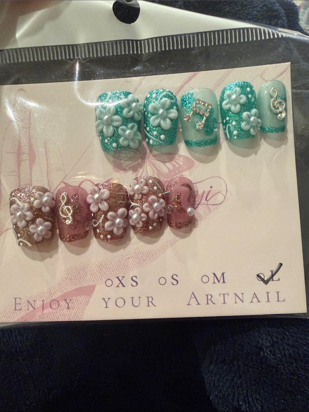 3D Floral Press-On Nail Set in Teal and Rose Gold